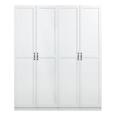 a white closet with two doors and three drawers on the bottom, in front of a white background