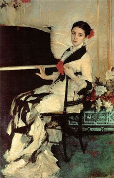 a painting of a woman sitting at a piano with flowers in her hair and dress