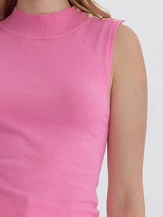 Add a touch of quirkiness to your wardrobe with the LYDIA HIGH NECK SLEEVELESS TOP. Featuring button detail at the shoulder and available in three fun colors, this knit top is perfect for those who don't take themselves too seriously. Style with your favorite jeans for a unique and fun outfit. 100% Nylon See size chart in photos. Pink Ribbed High Neck Top, Pink Turtleneck Tops, Summer Cotton Turtleneck Tops, Pink Cotton Top With Ribbed Neckline, Trendy High Neck Pink Top, Fitted Pink Turtleneck Top, Fitted Pink Tops With Ribbed Neckline, Summer Turtleneck Knit Top, Chic Pink Ribbed Knit Top