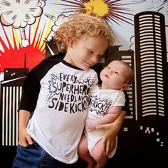 How awesome is this Ever Superhero Needs a Sidekick + Sidekick Set! These are so perfect for a pregnancy announcement, birth announcement, Big Brother Little Sister Shirts! Every Superhero Needs A Sidekick, Big Brother Announcement Shirt, Pregnancy Announcement Pictures, Announcement Pictures, Pregnancy Announcement Sibling, Big Brother Little Sister, Big Brother Announcement, Big Brother Little Brother