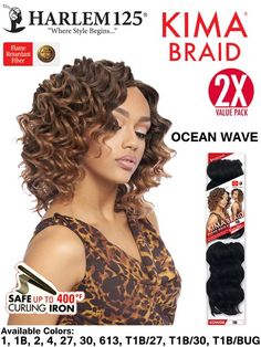 Kima OCEAN WAVE Crochet Braid. Kanekalon fiber. Color shown is T1B/27. 8" wavy style crochet braid. Flame retardant fiber. 4-6 packs recommended for head. Made of fiber. Manufactured by Harlem 125. *10 PIECES MINIMUM TO BUY PER COLOR* Kima Ocean Wave, Ocean Wave Crochet, Wave Crochet, Curly Braids, Hair Color Crazy, Wavy Style, Crochet Braid, Becoming A Model, Black Hairstyles