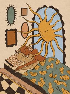 a drawing of a woman laying in bed with the sun above her head on top of it