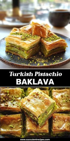 some food that is on a plate and in front of the words turkish pistachio bakalava