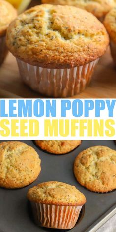 lemon poppy seed muffins in a muffin tin with the title above it