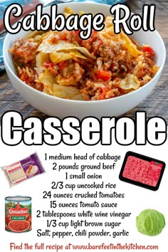 cabbage roll casserole recipe in a white bowl with ingredients to make it and instructions on the side