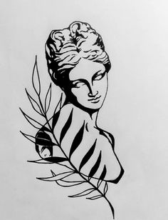 a black and white drawing of a woman with leaves