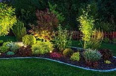 an outdoor garden at night with lights on the trees and bushes in the foreground