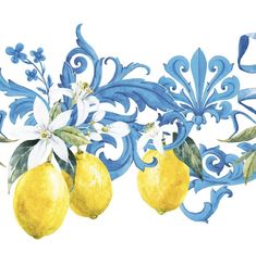 two lemons with leaves and flowers on a blue floral design wallpaper border, painted in watercolor