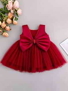 Baby Girl Burgundy Sleeveless Dress With Big Bow And Tulle Decoration Burgundy   Sleeveless Mesh Fabric Plain A Line,Fit and Flare Non-Stretch All Baby Girls Clothing, size features are:Bust: ,Length: ,Sleeve Length: Yalda Night Dress, Dress With Big Bow, Infant Dresses, Tulle Decorations, Yalda Night, Baby Birthday Dress, African Dresses For Kids, Fancy Wedding