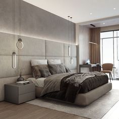 a bedroom with a large bed and wooden floors