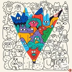 a drawing with many different faces and shapes in the center, all on white paper