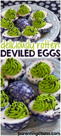 deviled eggs decorated with green frosting and sprinkles on a plate