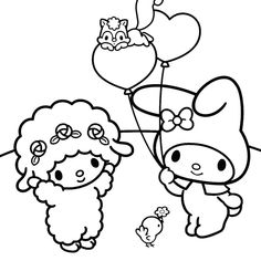 a cartoon sheep with balloons and a girl holding a heart shaped balloon in her hand