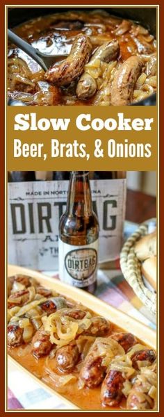 slow cooker beer, brats and onions with the words slow cooker beer, brats & onions