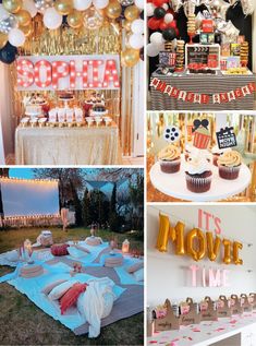 a collage of photos with balloons and decorations