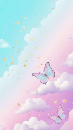 two butterflies flying in the sky with clouds and stars around them on a sunny day