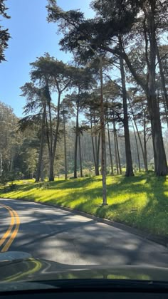 the road is lined with trees and grass