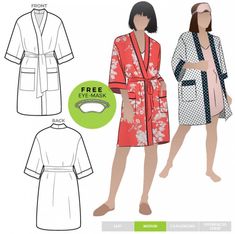 The robe inspired silhouette is ideal for lounging around during the day and perfect for a stylish night in. You can even make this gorgeous robe in a tropical print to wear on your island vacation! Dont forget to team it with one of our other styles in the loungewear range, like our cami or PJ set. This robe features a tie belt and patch pockets with optional piping. Don't forget that with this pattern purchase you also receive a complementary eye mask pattern. These are multi sized nested patt Kimono Robe Sewing Pattern, Kimono Robes Pattern, Chic Loungewear, Style Arc, Womens Sewing Patterns, Womens Kimono, Drafting Patterns, Island Vacation, Fashion Blouse