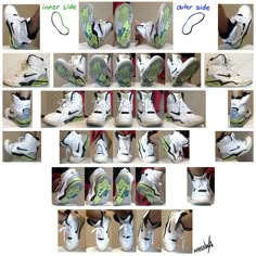 many different images of shoes with green and white trims on the upper half of each shoe