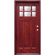 a wooden door with glass panels on the top and bottom panel, against a white background