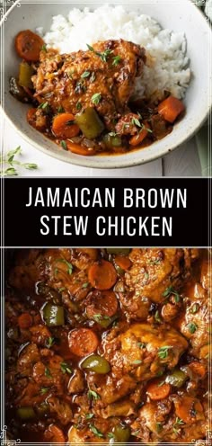 jamaican brown stew with chicken and vegetables in a white bowl