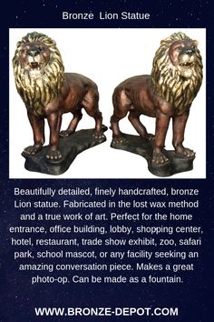 two bronze lions sitting next to each other in front of a night sky with stars