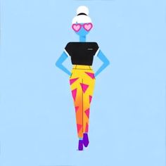 an image of a woman with heart shaped glasses on her head wearing colorful pants and heels