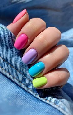 Multi Color Neon Nails, Almond Acrylic Nails Pastel, Cute Nails Colors, Spring Rainbow Nails, The Dye Nails, Kids Gel Nails Ideas, Gel Nails For Kids, Polish Ideas For Short Nails, Nails Very Short