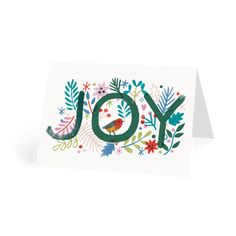 a card with the word joy written in green and red flowers, leaves and birds