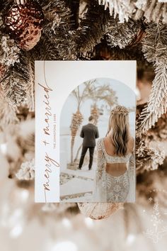 a christmas card sitting on top of a tree next to pine cones and snowflakes