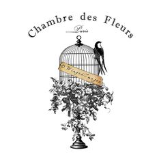 a bird in a cage with flowers and a ribbon that says chambre des fleurs