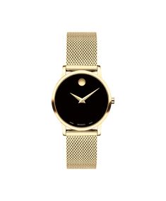 It’S Time You Owned A Masterpiece. The Movado Museum Classic Is An Icon Of Modern Design, Featured In Museums Worldwide And Renown For The Elegant Simplicity Of The Dial Defined By A Single Dot At 12 O’Clock, A Design Element That Symbolizes The Sun At High Noon. In This Style, We’Ve Paired A Chic Black Dial Outfitted With Our Signature Dot And Slender Hands With A 28Mm Case And A Luxurious Mesh Strap In Gleaming Yellow Gold Pvd. | Movado | Museum Classic Watch With Gold Strap And Black Dial Slender Hands, Classic Watch Women, Black Museum, Movado Watch, High Noon, Mesh Bracelet, Stainless Steel Mesh, Classic Watches, Stainless Steel Band