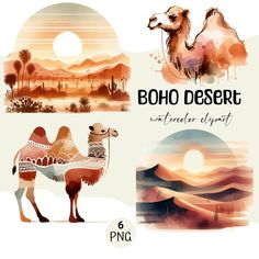 watercolor desert clipart set with camels and mountains in the background for graphic design