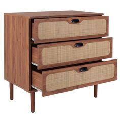 two wooden drawers with wicker handles on each drawer