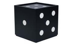 a black dice with six white dots on it