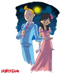 a drawing of a man and woman in formal wear standing under the stars at night