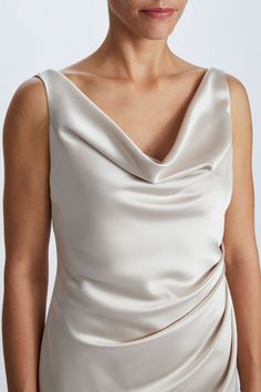 Cowl neck cocktail dress. Shown in Champagne Fluid Satin. Cowl Neck Slip Dress Pattern, Cowl Dresses, Slip Dress Pattern, Wedding Dress Bolero, Satin Cowl Neck Dress, Amsale Bridesmaid, Amsale Dress, Fashion Study, Emerald Dress