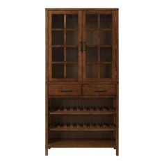 a wooden cabinet with glass doors and wine racks on the bottom shelf, in front of a white background