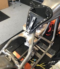 the front end of a motorcycle being worked on