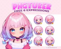 an anime character with pink hair and blue eyes is shown in various poses, including the head