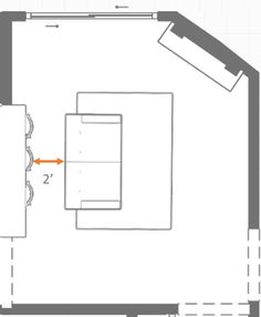 the floor plan for a living room is shown with an orange arrow pointing to the couch