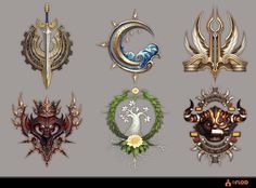 six different types of emblems on a gray background