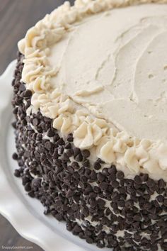 a cake with white frosting and chocolate chips on top