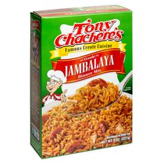 a box of jambalya rice mix with a spoon in it's mouth