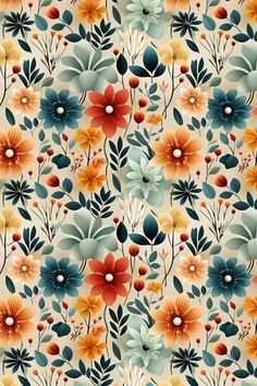 an orange and blue flower pattern on a beige background with green, red, yellow and white flowers