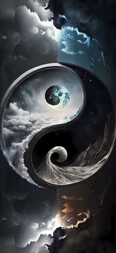 the yin symbol is surrounded by clouds in this artistic photohopped image, it appears to be made up of water and earth