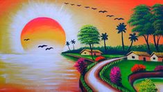 a painting of a sunset over a lake with houses and birds flying in the sky