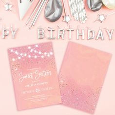 a pink and silver birthday party with confetti, candles, napkins and decorations