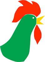 a green and red chicken with a yellow beak