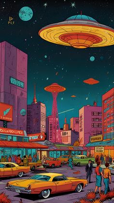 an image of a sci - fi city scene with cars and people in the foreground